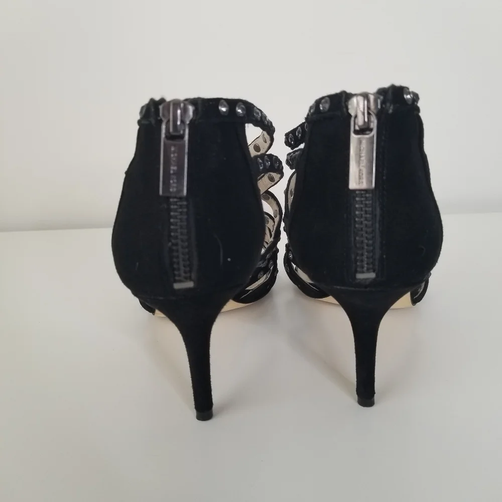 Michael Michael Kors Maddie Jeweled T-Strap Suede Peep Toe Heels Black Size 9
